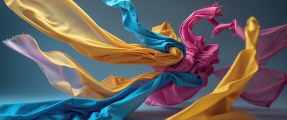 Poster - Colorful flowing silk fabric in motion with dynamic folds and drapes against a solid blue background