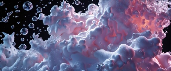 Poster - Abstract close-up of vibrant soap bubbles and textured foam against a dark background with colorful light highlights.