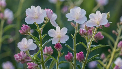 Poster - delicate white flowers with pink buds on green foliage in a natural setting during daylight