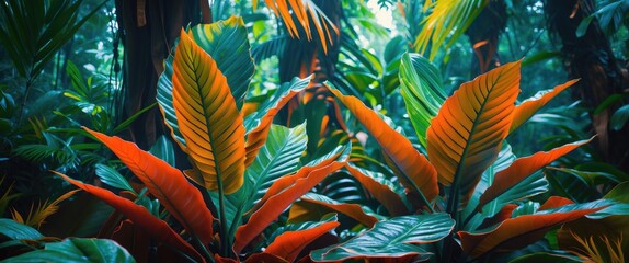 Poster - Colorful tropical foliage with vibrant orange and green leaves in a dense forest environment. Lush greenery background.