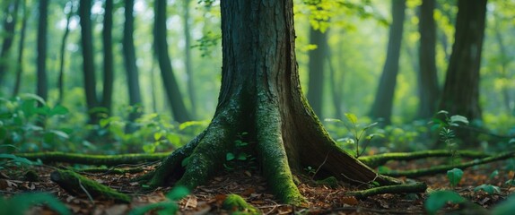 Poster - Close-up view of the base of a tree with moss-covered roots in a vibrant green forest environment during daytime