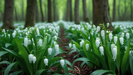 Poster - Lily of the valley flowers blooming in a lush green forest with a blurred pathway in the background
