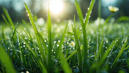 Poster - Close-up of dew-covered grass blades in early morning light with a soft bokeh background and wildflower in a natural setting