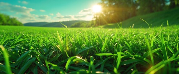 Poster - Lush green grass with sun rising over hills in the background under a clear blue sky with scattered clouds