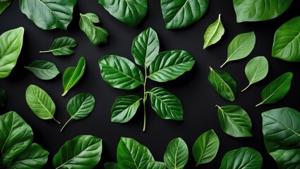 Poster - various green leaves arranged on a black background showcasing different shapes and sizes of foliage