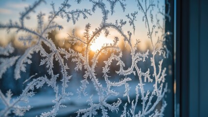 Poster - Frost patterns on a window with a sunset background in a winter landscape showing intricate ice crystals and natural decoration