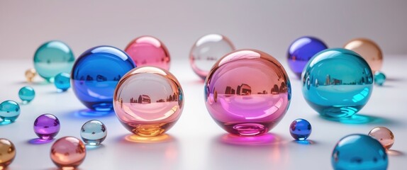 Poster - Colorful glass marbles and spheres in various sizes and shades creating a reflective surface on a white background.