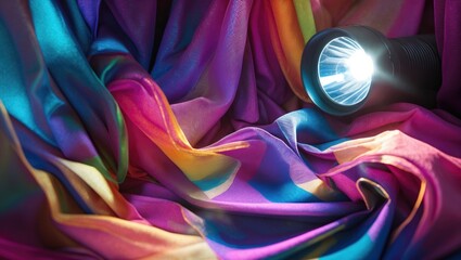 Poster - Colorful sheer fabric draped artistically with a flashlight illuminating vibrant hues creating a dramatic visual effect