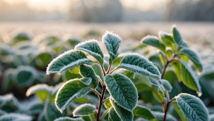 Poster - Frost-covered green leaves in a field during winter morning light with blurred background and soft focus on foliage