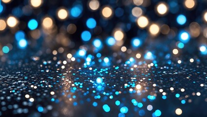Poster - Abstract bokeh background with blue and golden glittering lights creating a festive and vibrant atmosphere in soft focus.