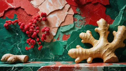 Poster - Colorful abstract wall with textured layers in shades of red and green featuring decorative coral and berry elements on a marble surface.