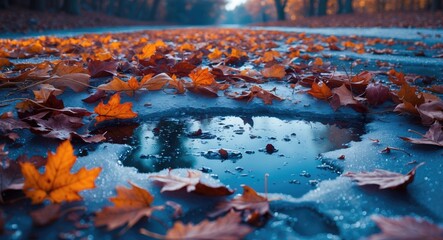Poster - Autumn landscape with fallen leaves on wet pavement reflecting trees and sky in a puddle with warm light ambiance