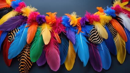 Poster - colorful decorative feathers arrangement with vibrant hues and various textures on a dark background