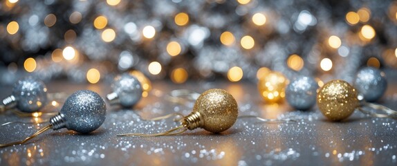 Poster - Christmas ornaments in gold and silver on a reflective surface with blurred festive lights in the background