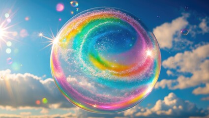 Poster - Colorful soap bubble in the sky reflecting sunlight and clouds with rainbow patterns and sparkles on a bright day