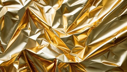 Poster - Golden metallic foil texture with crumpled and wrinkled surface reflecting light creating abstract patterns and shapes.