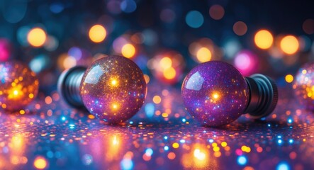 Poster - Colorful glass spheres with galaxy patterns on a shiny surface with blurred bokeh lights in the background