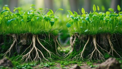 Poster - roots with emerging green plants in a forest setting, highlighting nature's growth and ecosystem dyn