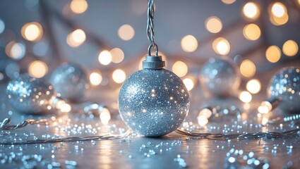 Poster - Close-up of a glittery silver Christmas ornament hanging among blurred festive lights on a wooden surface with scattered sparkles.