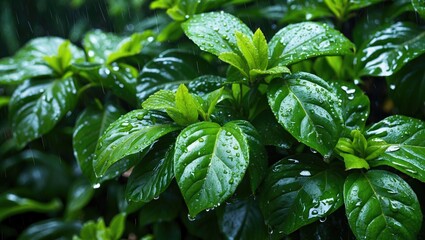 Poster - close-up view of fresh green leaves with water droplets after rain against a blurred natural backgro