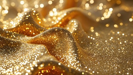 Poster - Golden shimmering fabric with sparkling glitter details and smooth, flowing texture.