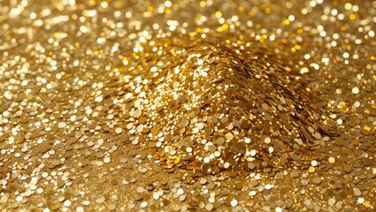 Poster - Close-up of shimmering gold glitter particles scattered on a surface creating a mound effect with soft focus background.