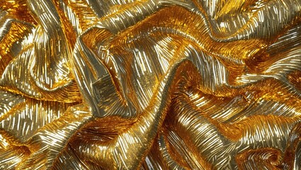 Poster - Close-up view of textured metallic fabric featuring gold and silver colors in wavy patterns