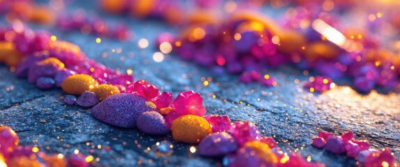 Poster - Colorful crystals and pebbles scattered on a surface with soft bokeh and warm lighting creating a vibrant texture background