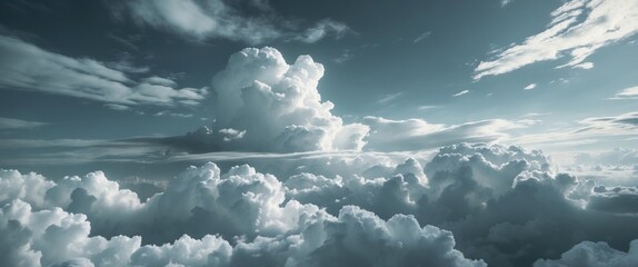 Poster - Cloudscape with dramatic fluffy clouds and varying shades of blue sky in a dynamic atmospheric scene