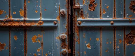 Poster - Rusty blue metal doors with peeling paint and corroded texture, detailed close-up of hinges and locks