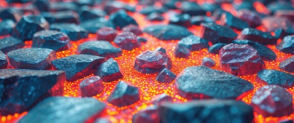 Poster - Close-up view of dark volcanic rocks resting on glowing lava surface with embers and bright orange hues illuminated in background