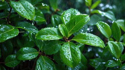 Poster - Green leaves with water droplets after rain on a plant in a natural setting with blurred background and soft focus.