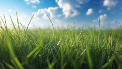 Poster - Lush green grass with blue sky and fluffy clouds in the background creating a bright and inviting natural scene.