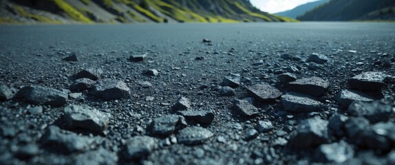 Poster - Close-up view of asphalt road surface with scattered black rocks and pebbles surrounded by green mountainous landscape and sky