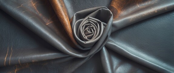 Poster - black and brown leather fabric arranged in a circular pattern forming a rose shape in the center on 