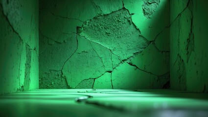 Poster - Green illuminated room with cracked walls and floor in a perspective view showcasing textured surfaces and shadows.
