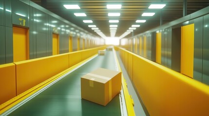 Poster - Conveyor belt transporting packages in a bright warehouse setting
