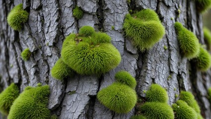 Poster - close-up of textured tree bark covered with vibrant green moss clusters in natural environment.