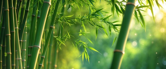 Poster - Lush green bamboo stalks with vibrant leaves against a blurred natural background illuminated by soft sunlight