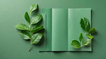 Poster - Green leaves arranged beside an open green notebook on a green background with a minimalistic design.