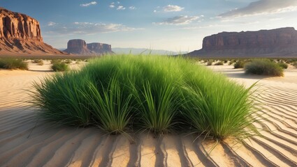 Poster - Lush green grass cluster in arid desert landscape with rock formations under a cloudy sky natural scenery