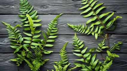Poster - Green ferns arranged on dark wooden background creating a natural botanical scene for design and decoration purposes