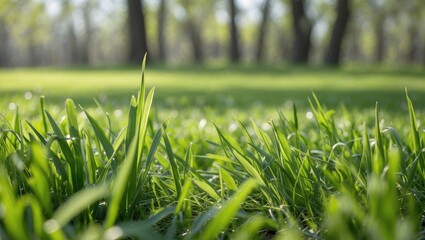 Poster - Close-up view of fresh green grass with blurred background of trees in a sunny park scene during spring or summer season.