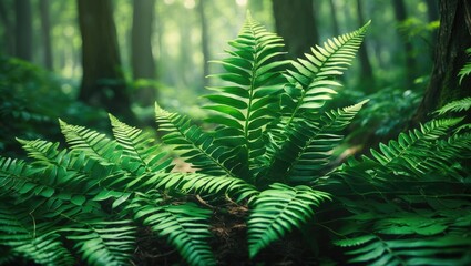 Poster - Lush green ferns in a dense forest background with soft natural light and blurred trees creating a tranquil woodland atmosphere