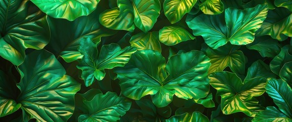 Poster - Dense foliage background featuring large green leaves with varying shades and textures in a natural setting.