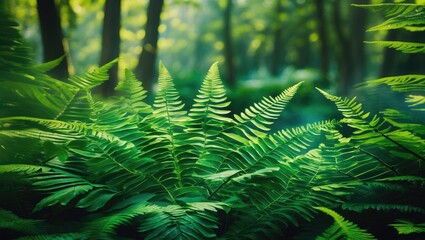 Poster - Lush green ferns in a tranquil forest setting with soft sunlight filtering through trees in background