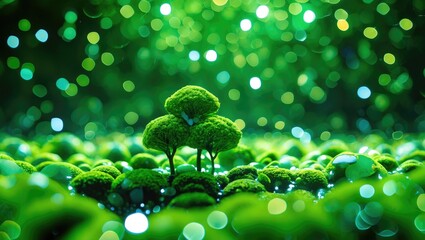 Poster - Lush green miniature trees surrounded by moss and soft bokeh light creating a tranquil nature scene with vibrant colors.