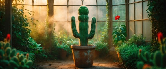 Poster - Cactus in terracotta pot inside greenhouse surrounded by lush greenery with warm sunlight filtering through glass windows