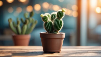 Poster - Cactus plant in a brown pot with soft sunlight and blurred background of additional cacti on a wooden table