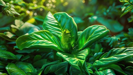 Poster - Lush green leaves with vibrant textures and sunlight illuminating the foliage in a natural setting